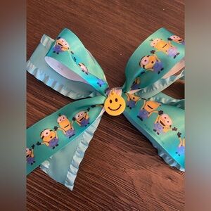 Kids Turquoise Minion Print Hair Bow with Smile Charm